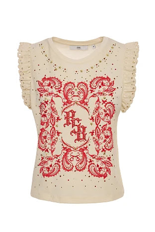 Camiseta beige con estampado y volantes