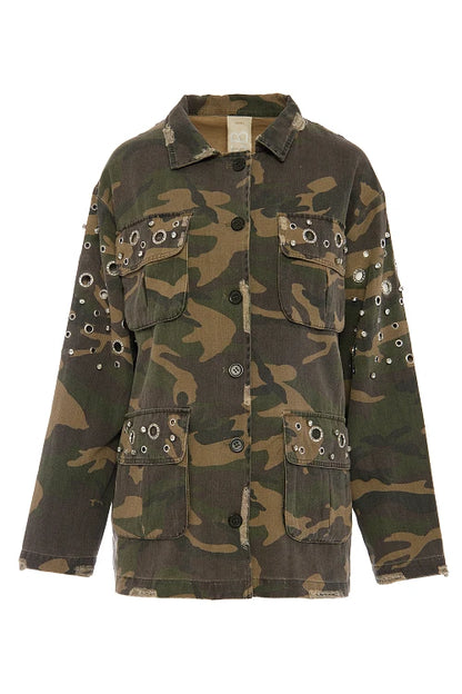 Chaqueta Militar con Tachuelas y Estampado