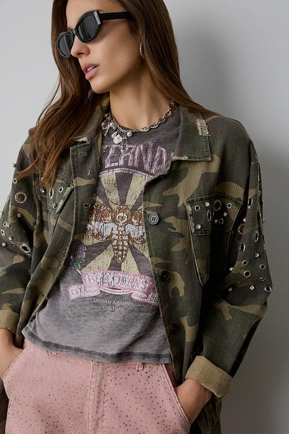 Chaqueta Militar con Tachuelas y Estampado